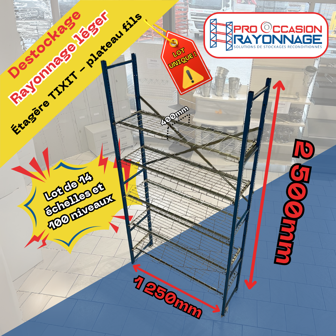 DESTOCKAGE Rayonnage léger - Étagère TIXIT plateau fils galvanisé- 14 échelles et 100 niveaux 