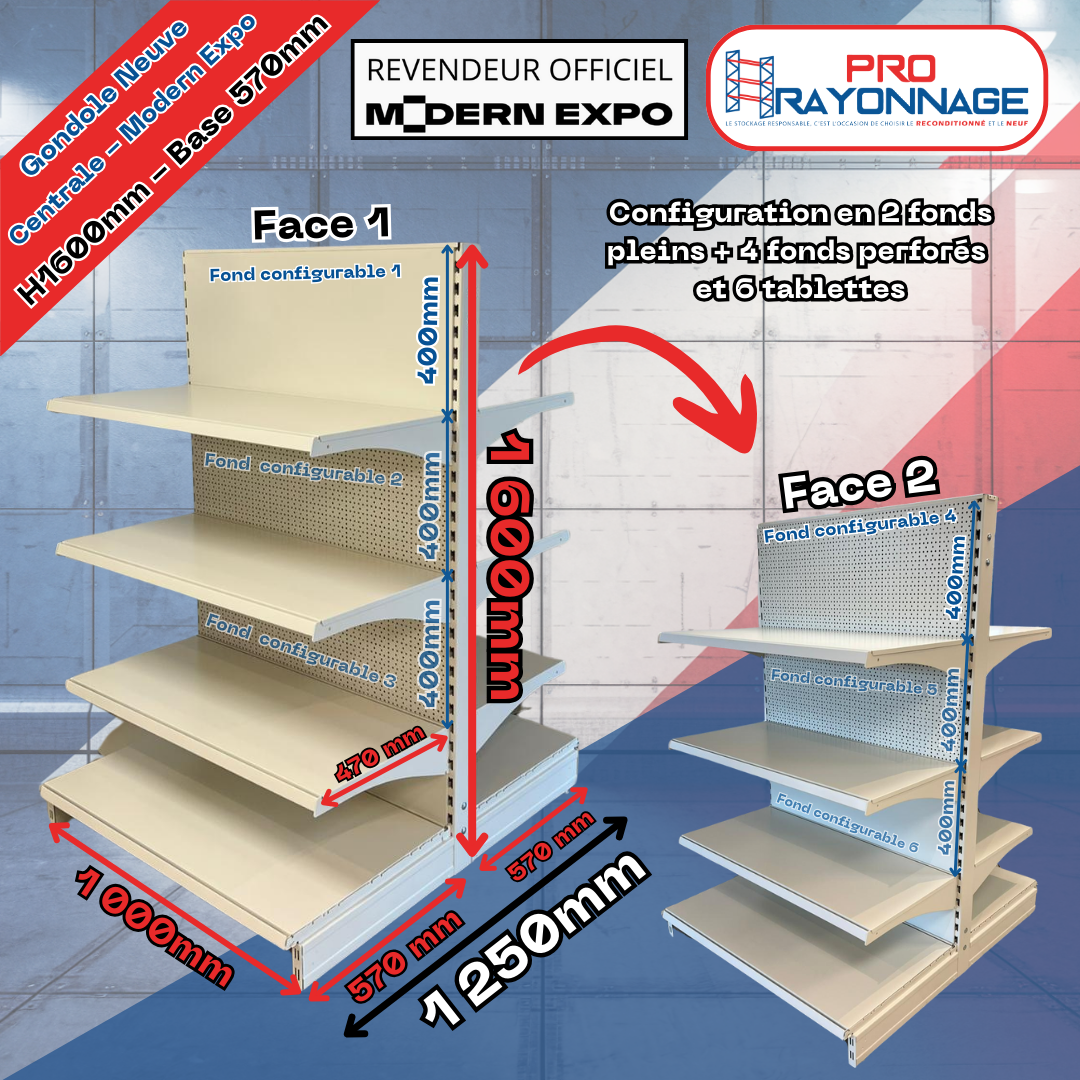 Gondole Centrale Neuve à configurer - Modern Expo - Hauteur 1600mm - Base 570mm 