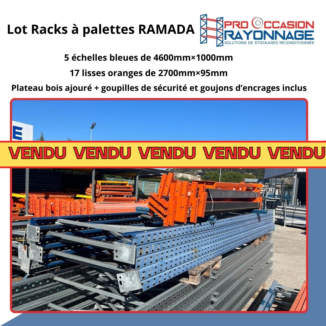 Racks à palettes Ramada d'occasion, Longueur 11 300 mm, Hauteur 4600 mm, Profondeur 1000 mm, ≈ 2 niveaux 