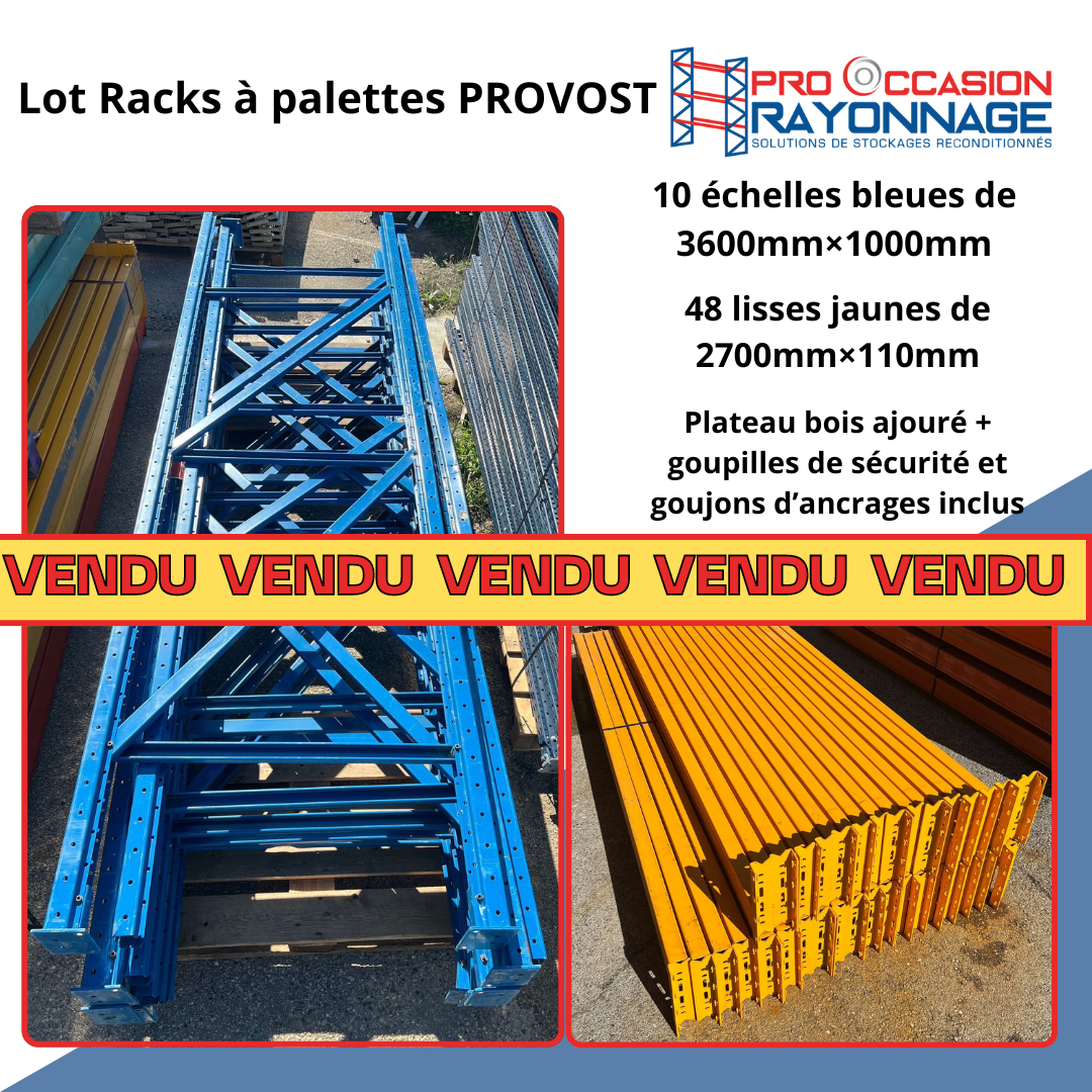 Racks à palettes Provost d'occasion, Longueur 25 300 mm, Hauteur 3 600 mm, Profondeur 1000 mm, ≈ 3 niveaux 
