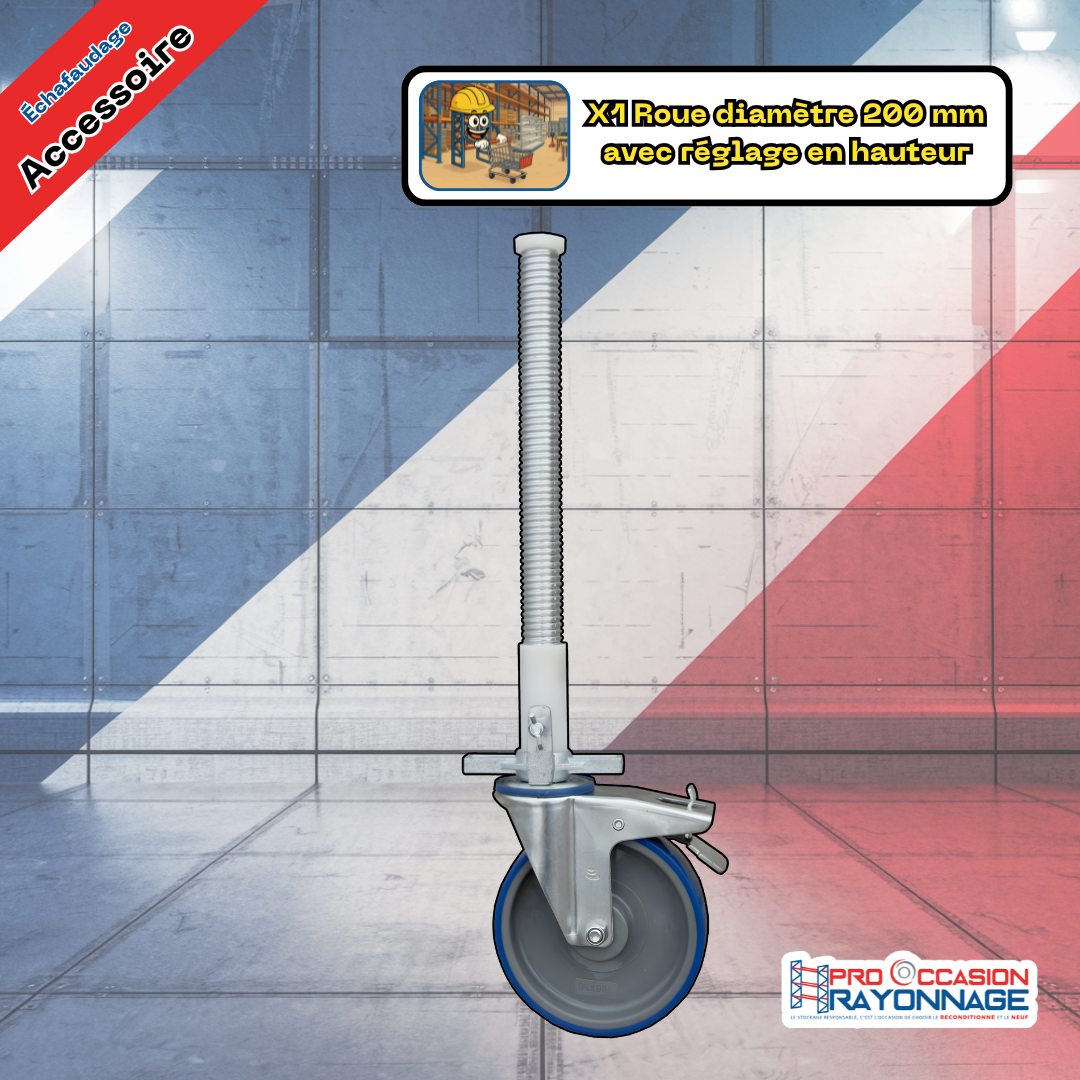 Roue Ø200 mm avec réglage en hauteur  Compatible échafaudages pliables et tours roulantes 