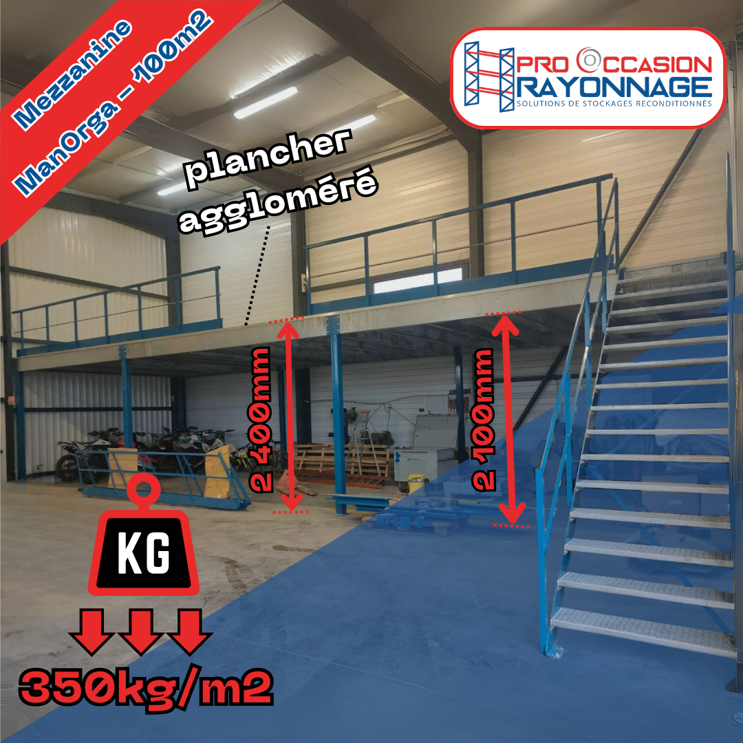 Mezzanine industrielle ManOrga - 100m² - Robuste et Modulaire 