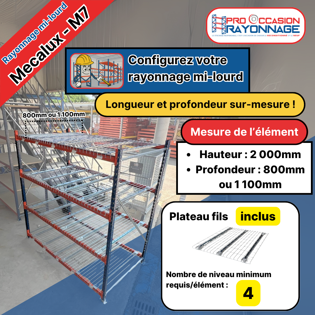 Rayonnage mi-lourd M7 - plateaux fils – Hauteur 2000 mm – À configurer 