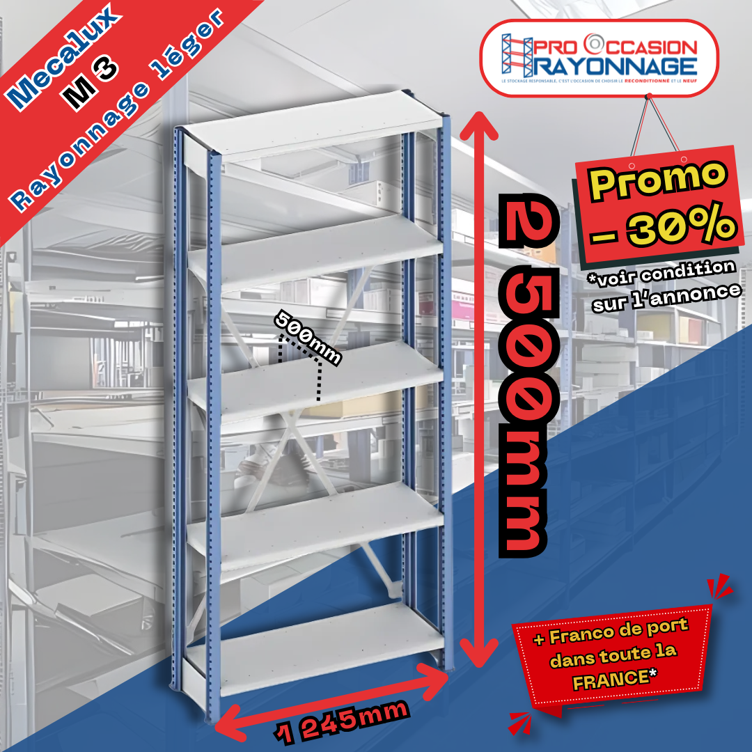Rayonnage léger Mecalux M3 – Offre spéciale -30% + Livraison gratuite ! 