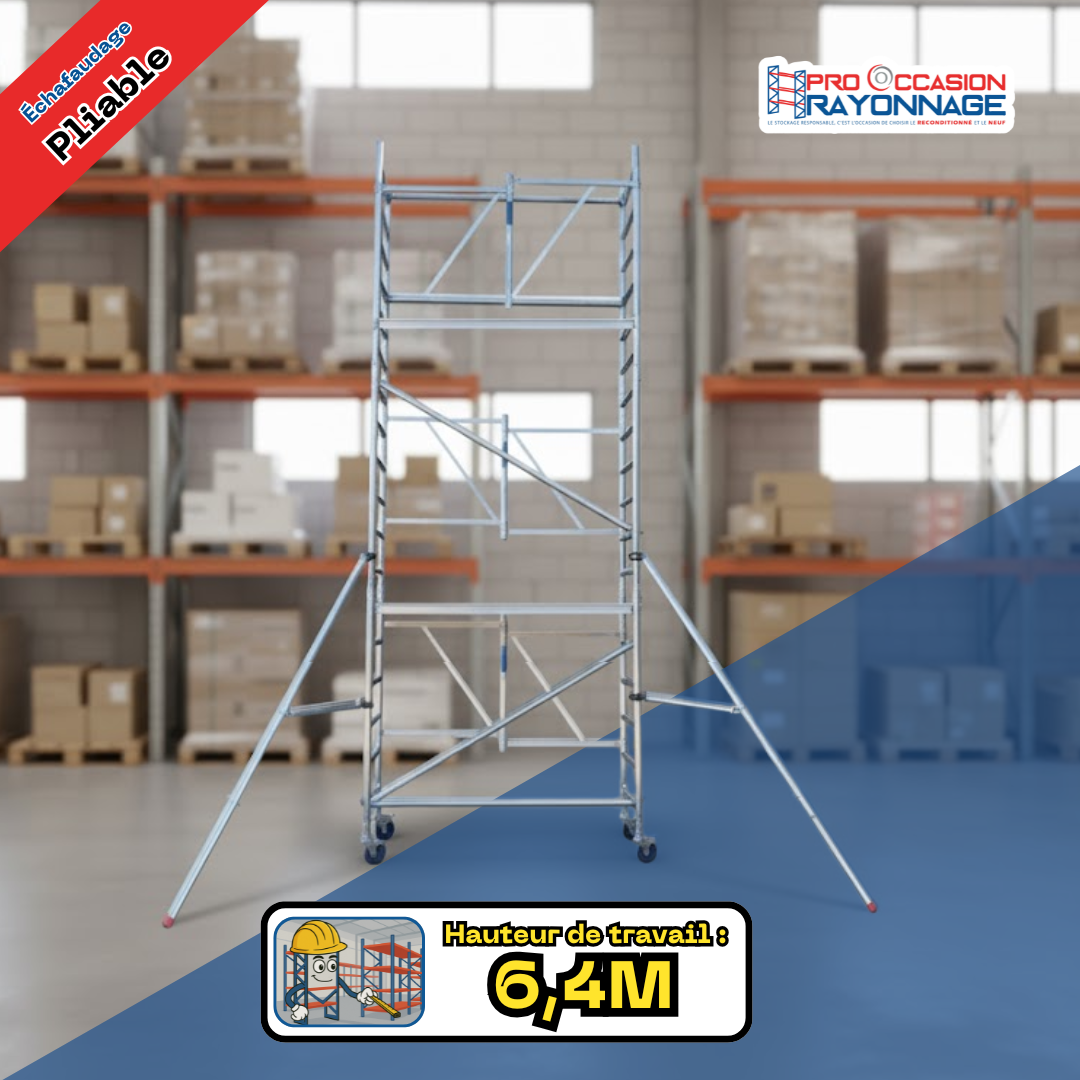 Kit échafaudage pliable - Neuf - Hauteur de travail : 6m40, avec 2 planchers et 8 roues 