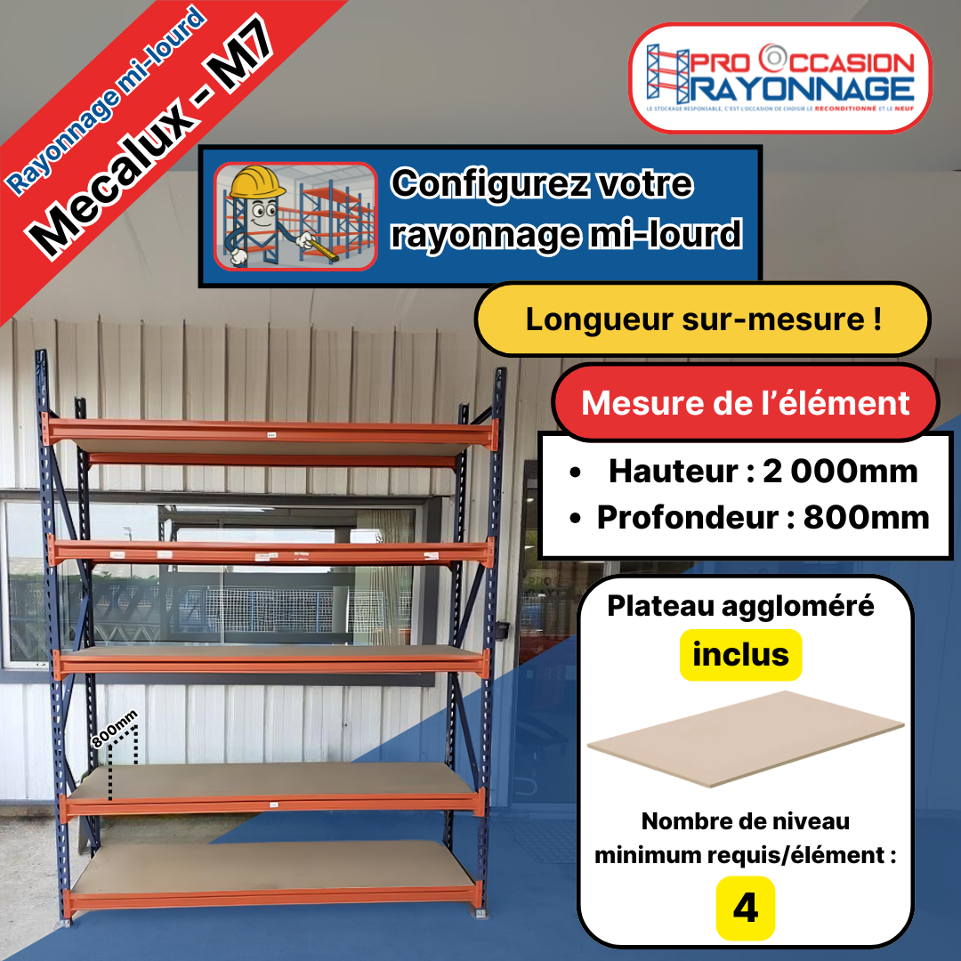 Rayonnage mi-lourd M7 –Plateau bois- Hauteur 2000 mm – Longueur à configurer 