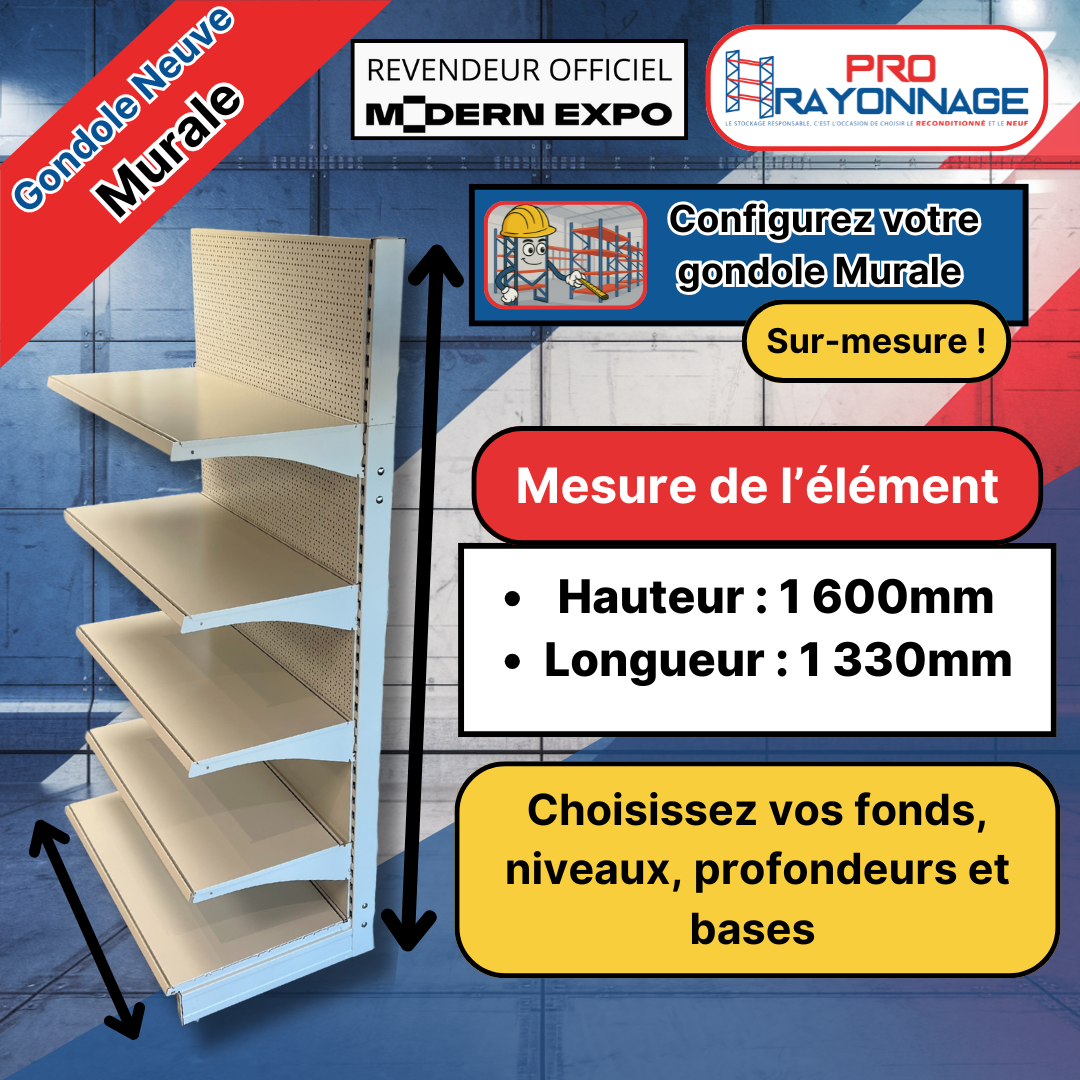 Gondole Murale de magasin à configurer - Hauteur 1600mm, Longueur 1 330mm [NEUVE] 