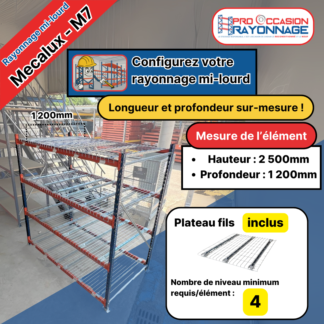 Rayonnage mi-lourd M7 –Plateau fils- Hauteur 2500 mm – Longueur à configurer 