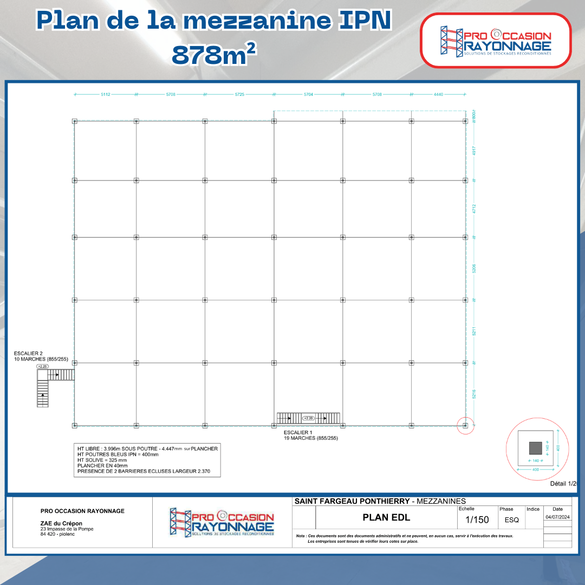 Mezzanine 878m2 - Poutre en IPN 16mm d'épaisseur - 800kg/m2