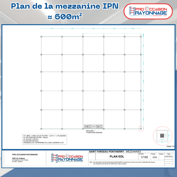 Mezzanine industrielle 600 m² – Charge 800 kg/m²