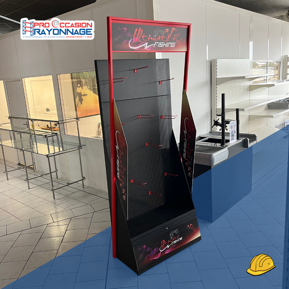 Tête de gondole design magasin de pêche – Fond perforé + coffre à clé