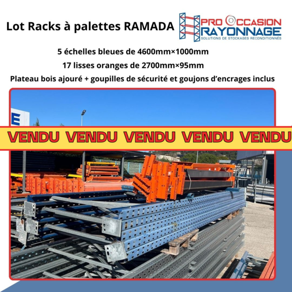 Racks à palettes Ramada d'occasion, Longueur 11 300 mm, Hauteur 4600 mm, Profondeur 1000 mm, ≈ 2 niveaux