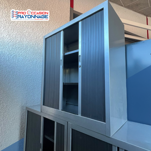 Armoire de bureau grise - 2 portes coulissantes noires