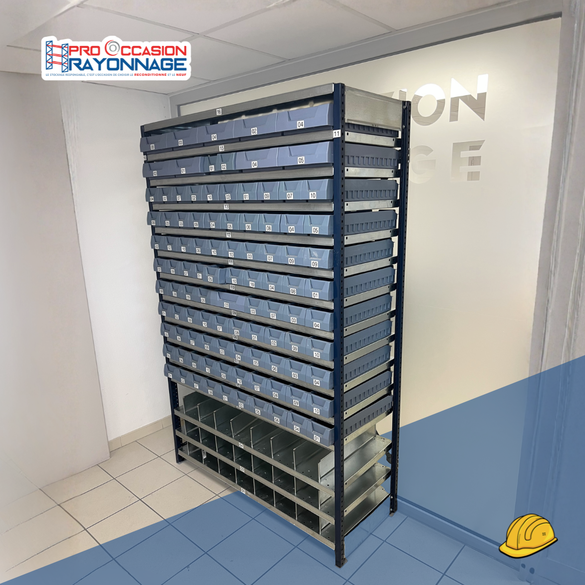 Lot rayonnage léger MECALUX M3 avec bacs de rangement – Occasion