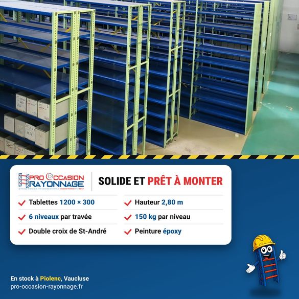 Rayonnage léger époxy, tablettes 1200 x 300, hauteur 2,80 m, vendu par lot de 9,60 m